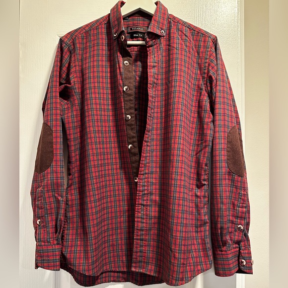 Men red plaid buffalo board medium trail shirt elbow patches - Picture 2 of 6